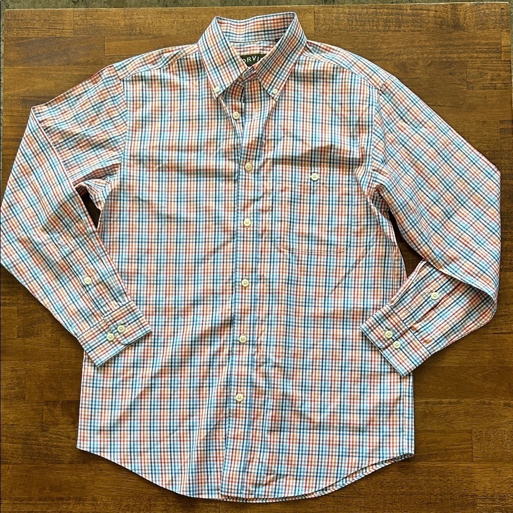 Orvis men’s bright crisp, blue orange plaid pinstripe button down collar size M